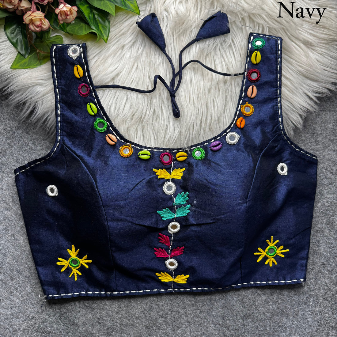 Navy Pure Soft Phantom Silk Multi Handwork Thread Kaudi Hand Mirror Work Navratri Blouse