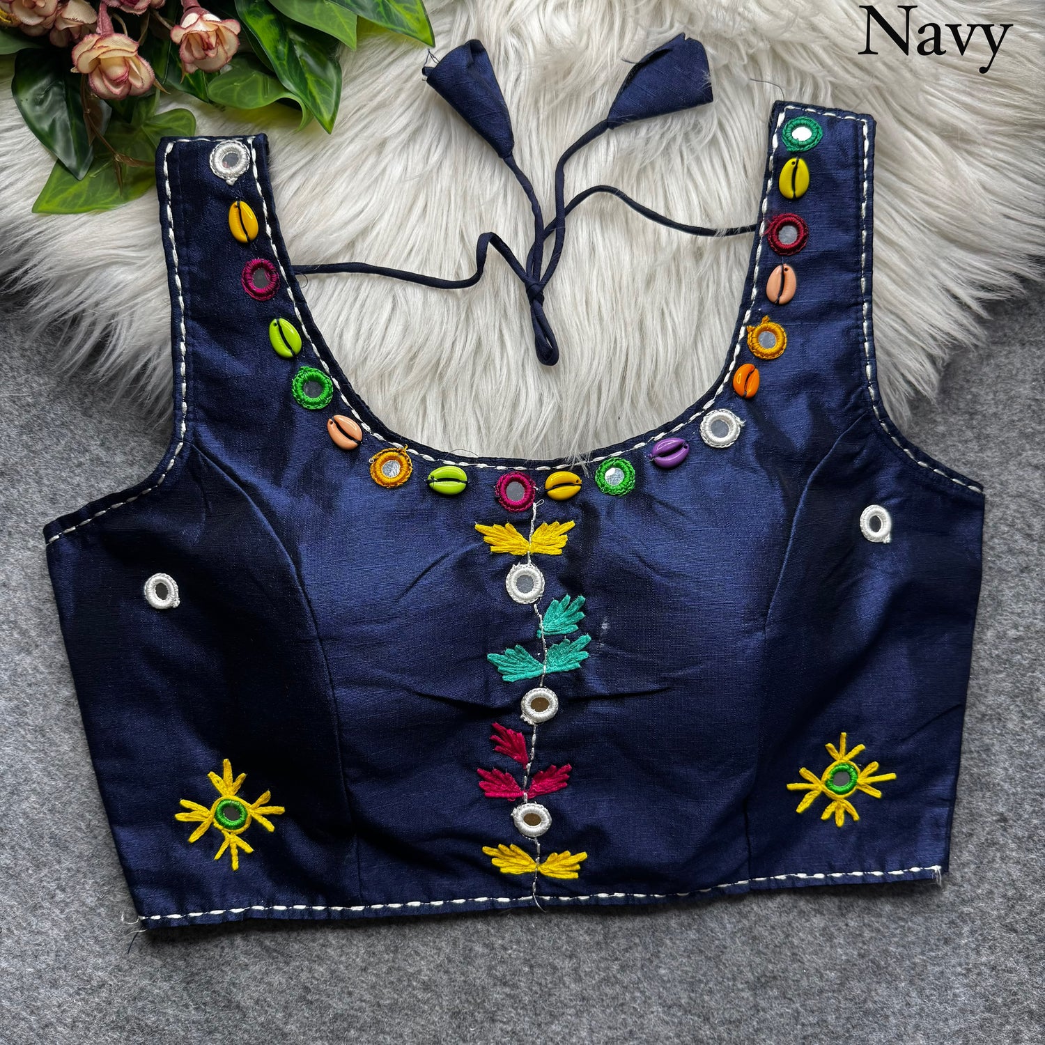 Navy Pure Soft Phantom Silk Multi Handwork Thread Kaudi Hand Mirror Work Navratri Blouse