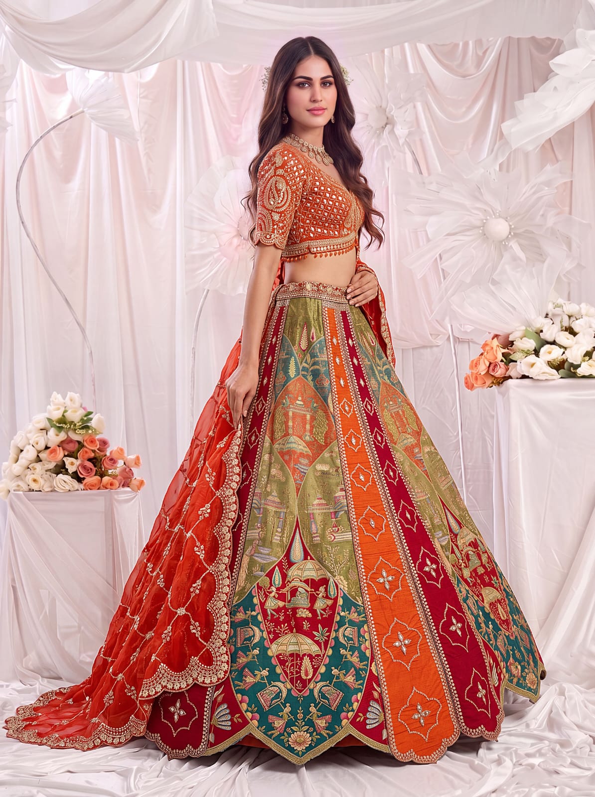 Orange Pure Soft Gadhwal Silk Heavy Embroidery Work Bridal Lehenga Choli