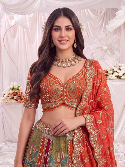 Orange Pure Soft Gadhwal Silk Heavy Embroidery Work Bridal Lehenga Choli