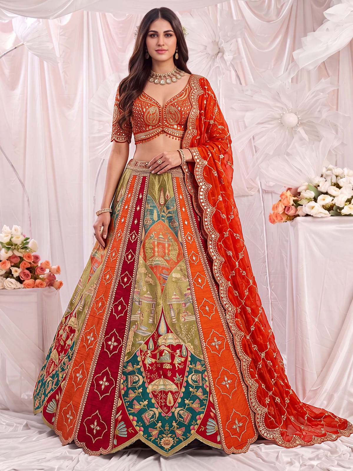 Orange Pure Soft Gadhwal Silk Heavy Embroidery Work Bridal Lehenga Choli