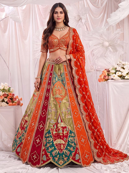Orange Pure Soft Gadhwal Silk Heavy Embroidery Work Bridal Lehenga Choli