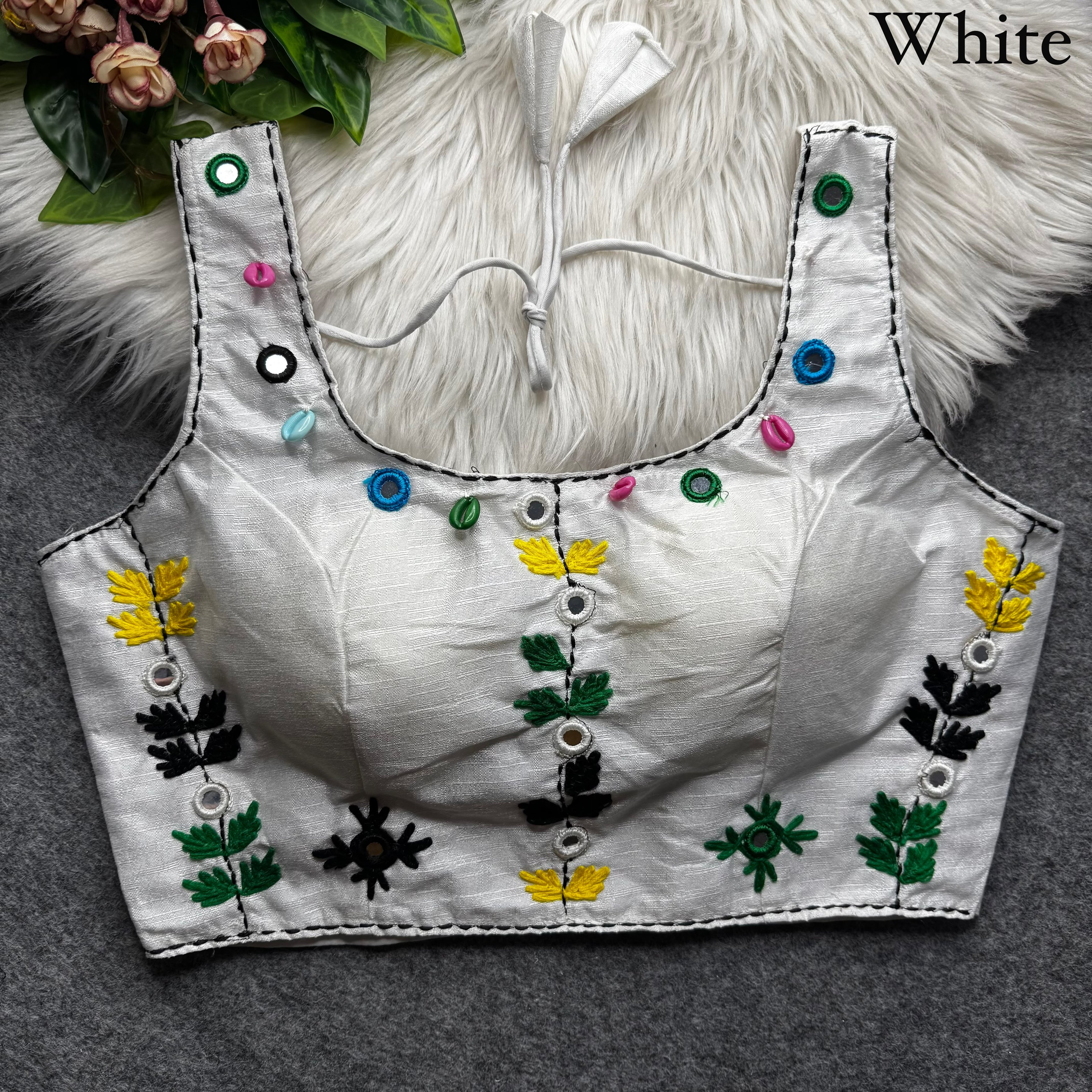 White Pure Soft Phantom Silk Multi Handwork Thread Kaudi Hand Mirror Work Navratri Blouse