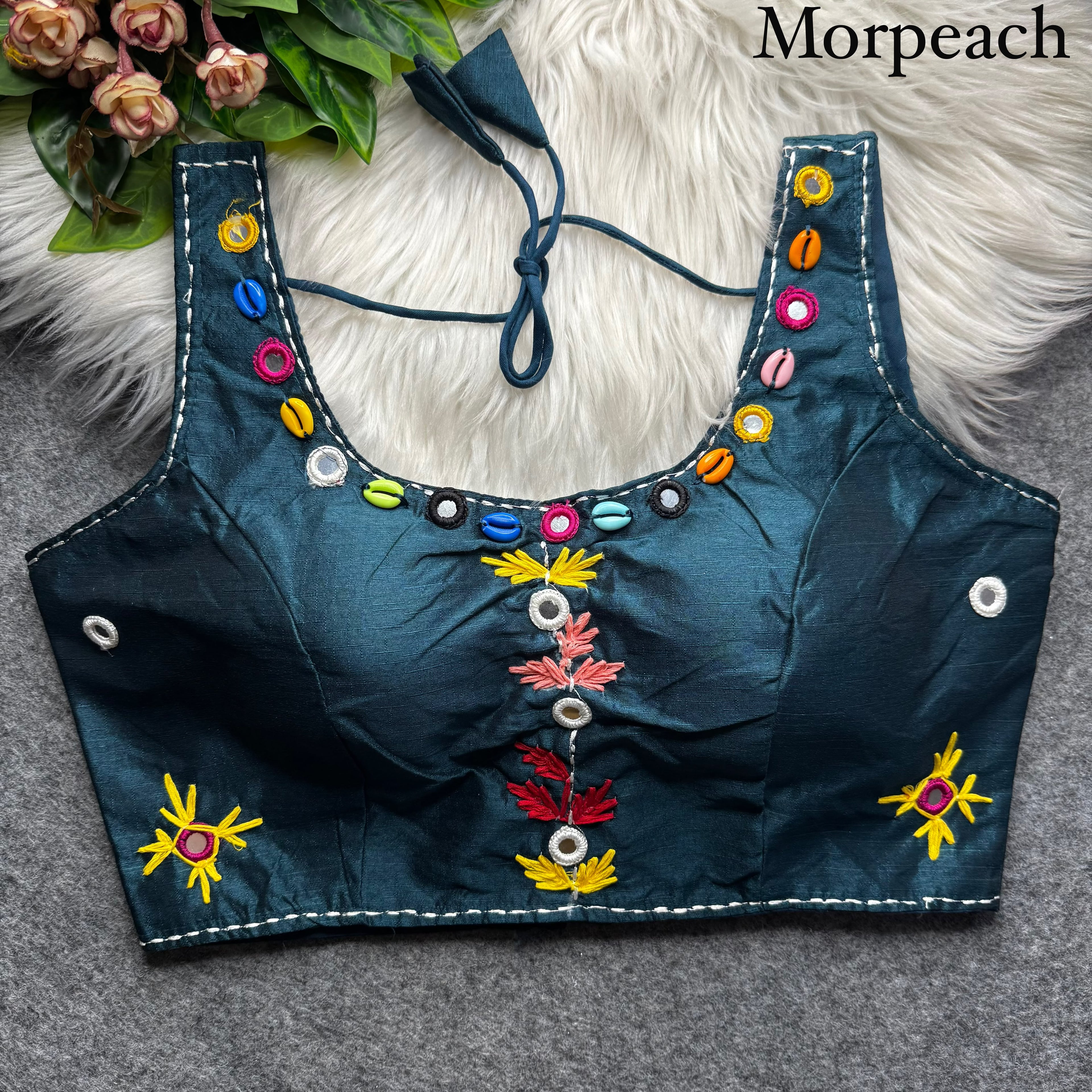 MorePeach Pure Soft Phantom Silk Multi Handwork Thread Kaudi Hand Mirror Work Navratri Blouse
