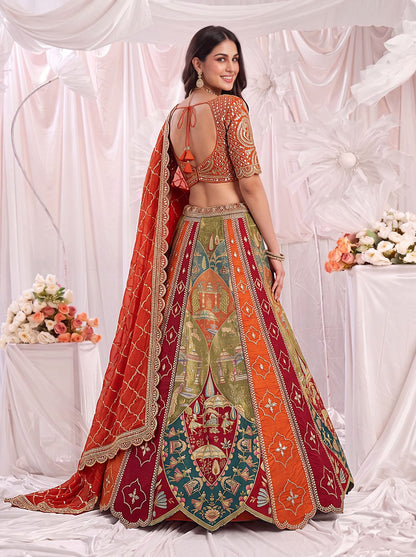 Orange Pure Soft Gadhwal Silk Heavy Embroidery Work Bridal Lehenga Choli