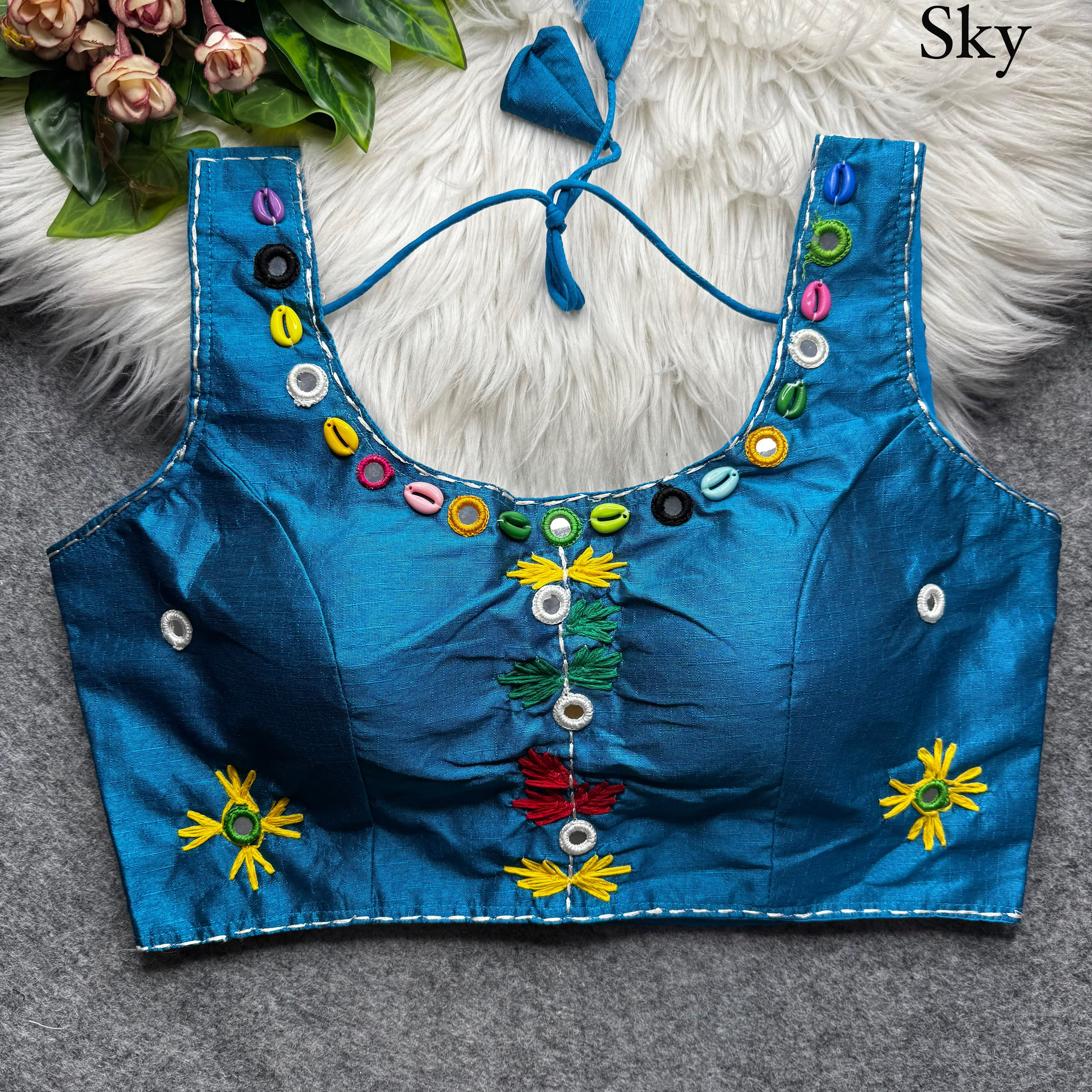 Sky Pure Soft Phantom Silk Multi Handwork Thread Kaudi Hand Mirror Work Navratri Blouse