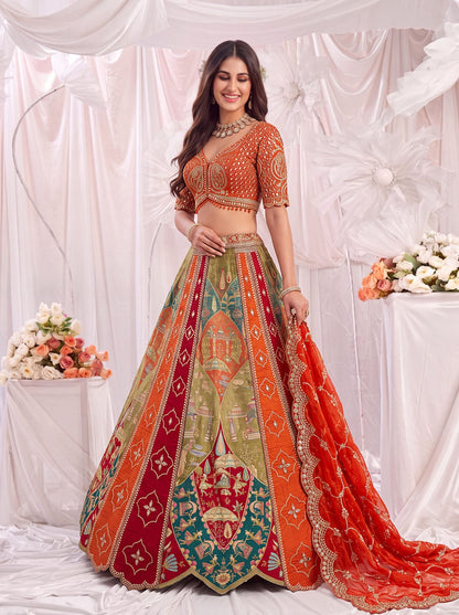 Orange Pure Soft Gadhwal Silk Heavy Embroidery Work Bridal Lehenga Choli