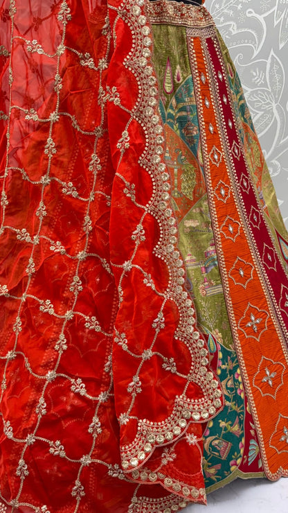 Orange Pure Soft Gadhwal Silk Heavy Embroidery Work Bridal Lehenga Choli