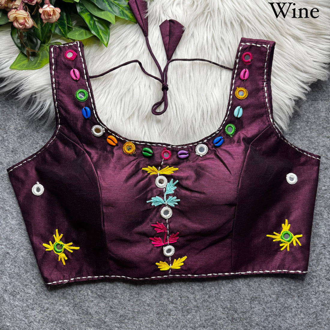 Wine Pure Soft Phantom Silk Multi Handwork Thread Kaudi Hand Mirror Work Navratri Blouse