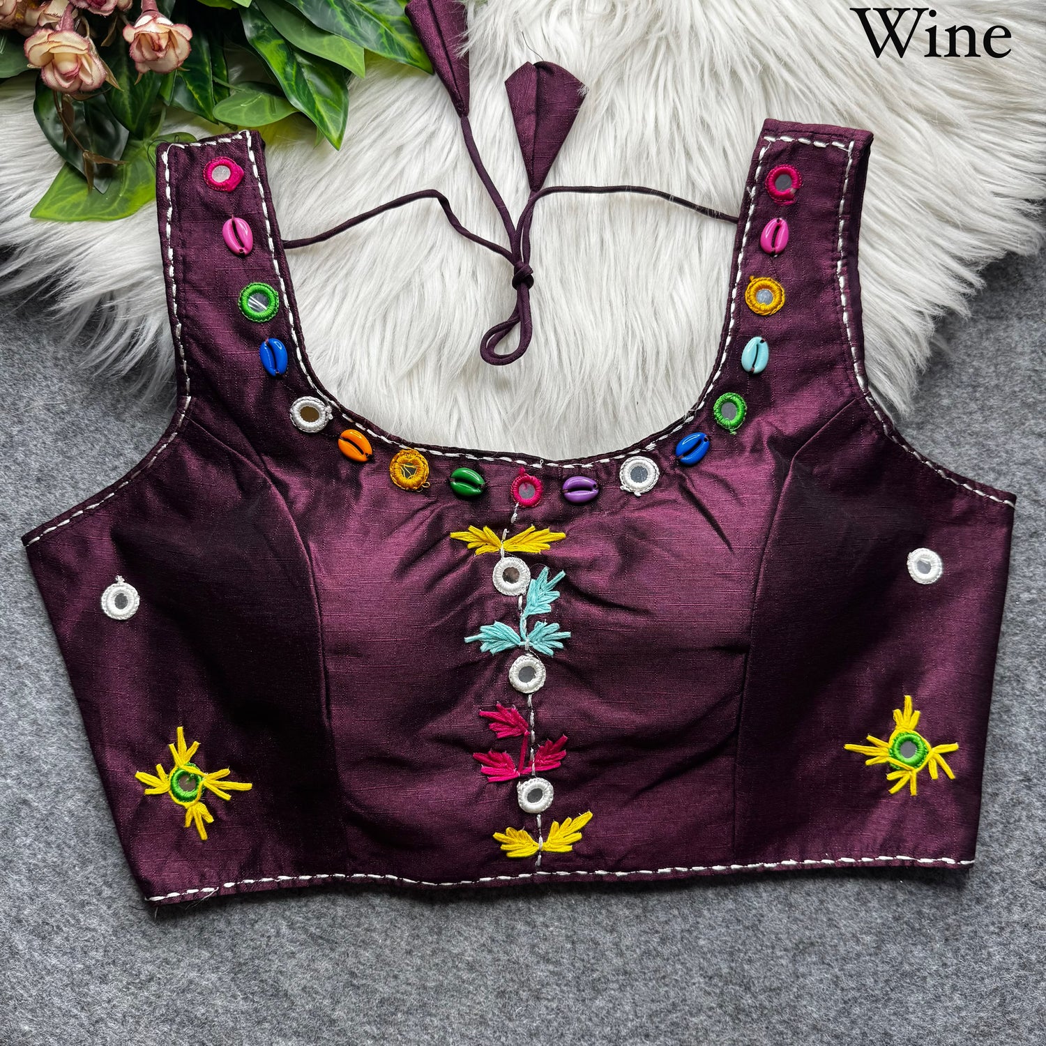 Wine Pure Soft Phantom Silk Multi Handwork Thread Kaudi Hand Mirror Work Navratri Blouse