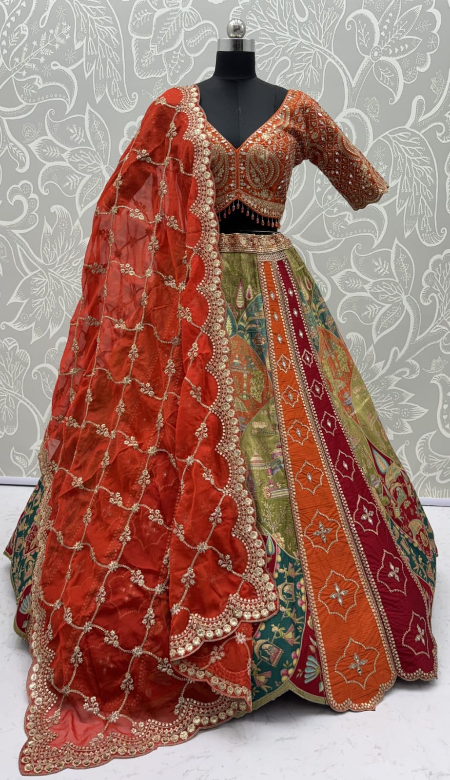 Orange Pure Soft Gadhwal Silk Heavy Embroidery Work Bridal Lehenga Choli