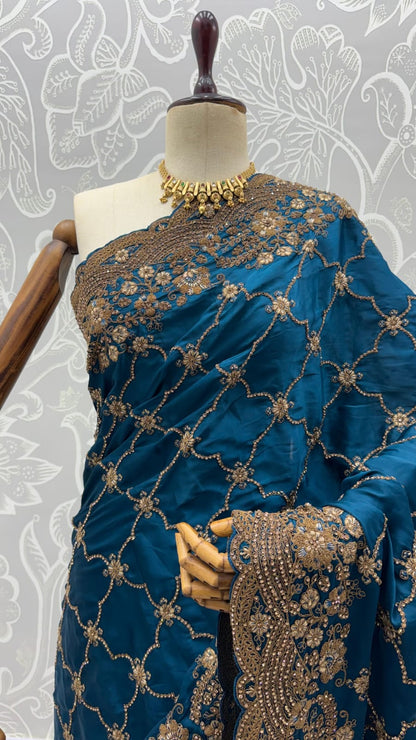Blue Pure Soft Satin Silk Metalic Dori Embroidery Zari Work Sequins Bridal Saree