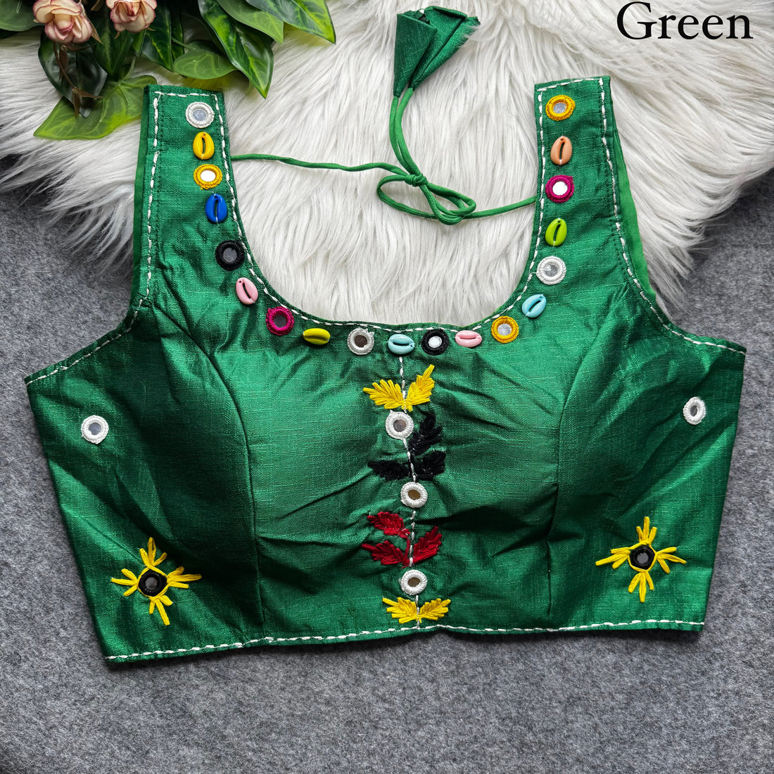 Green Pure Soft Phantom Silk Multi Handwork Thread Kaudi Hand Mirror Work Navratri Blouse