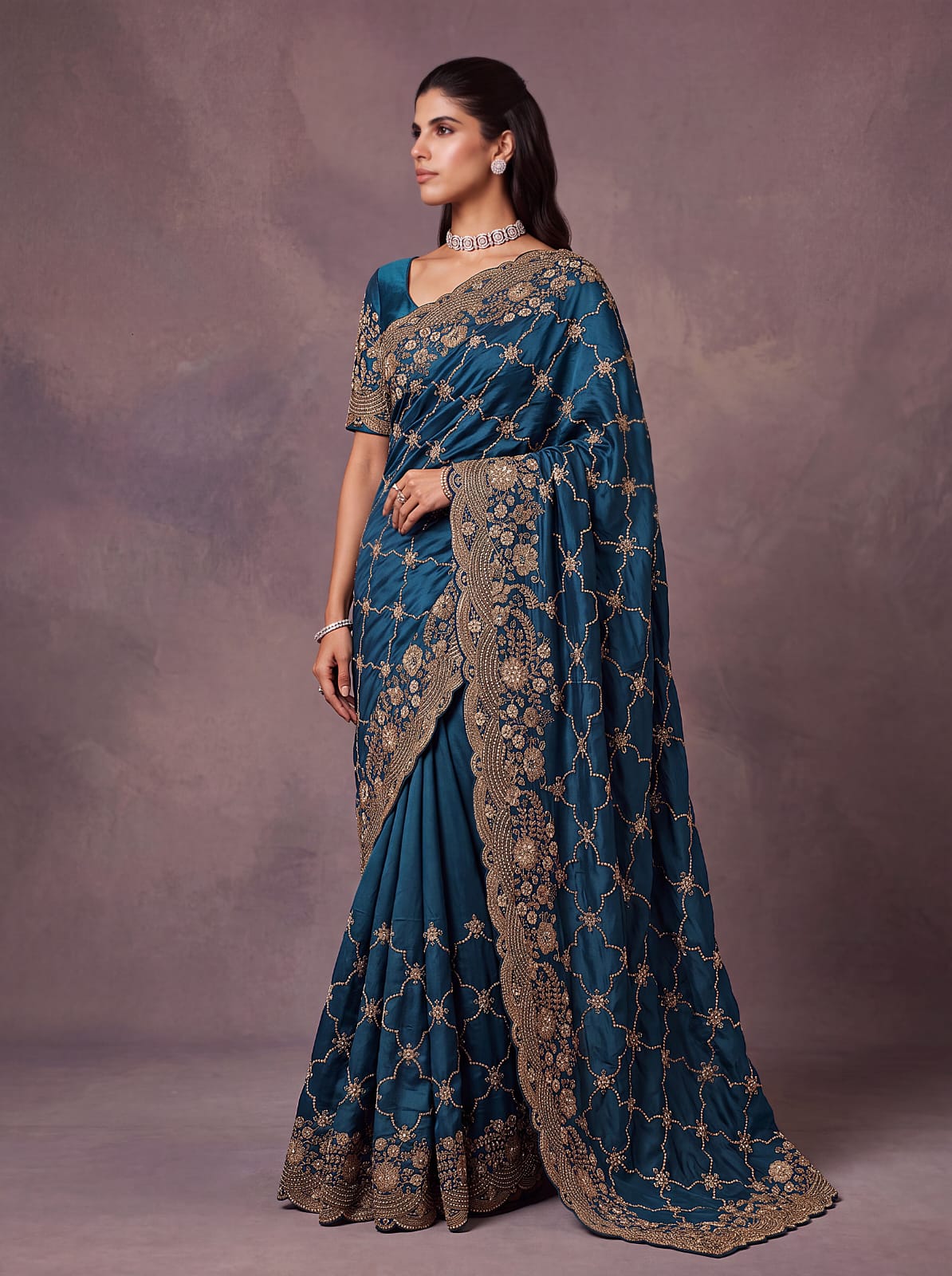 Blue Pure Soft Satin Silk Metalic Dori Embroidery Zari Work Sequins Bridal Saree