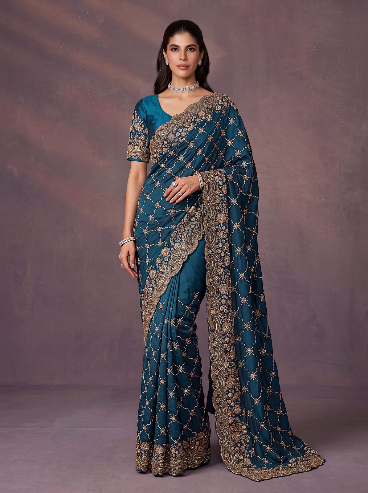 Blue Pure Soft Satin Silk Metalic Dori Embroidery Zari Work Sequins Bridal Saree