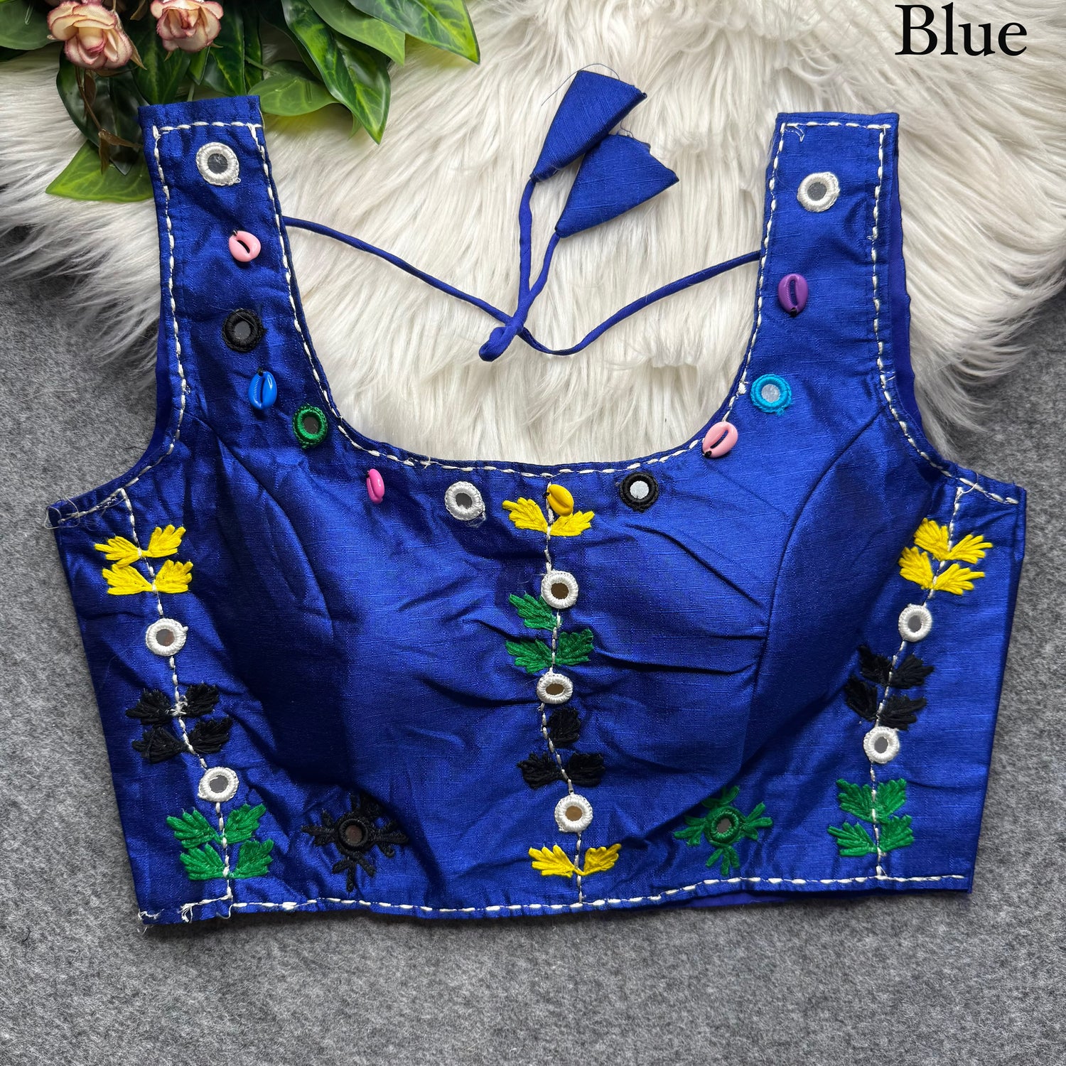 Blue Pure Soft Phantom Silk Multi Handwork Thread Kaudi Hand Mirror Work Navratri Blouse