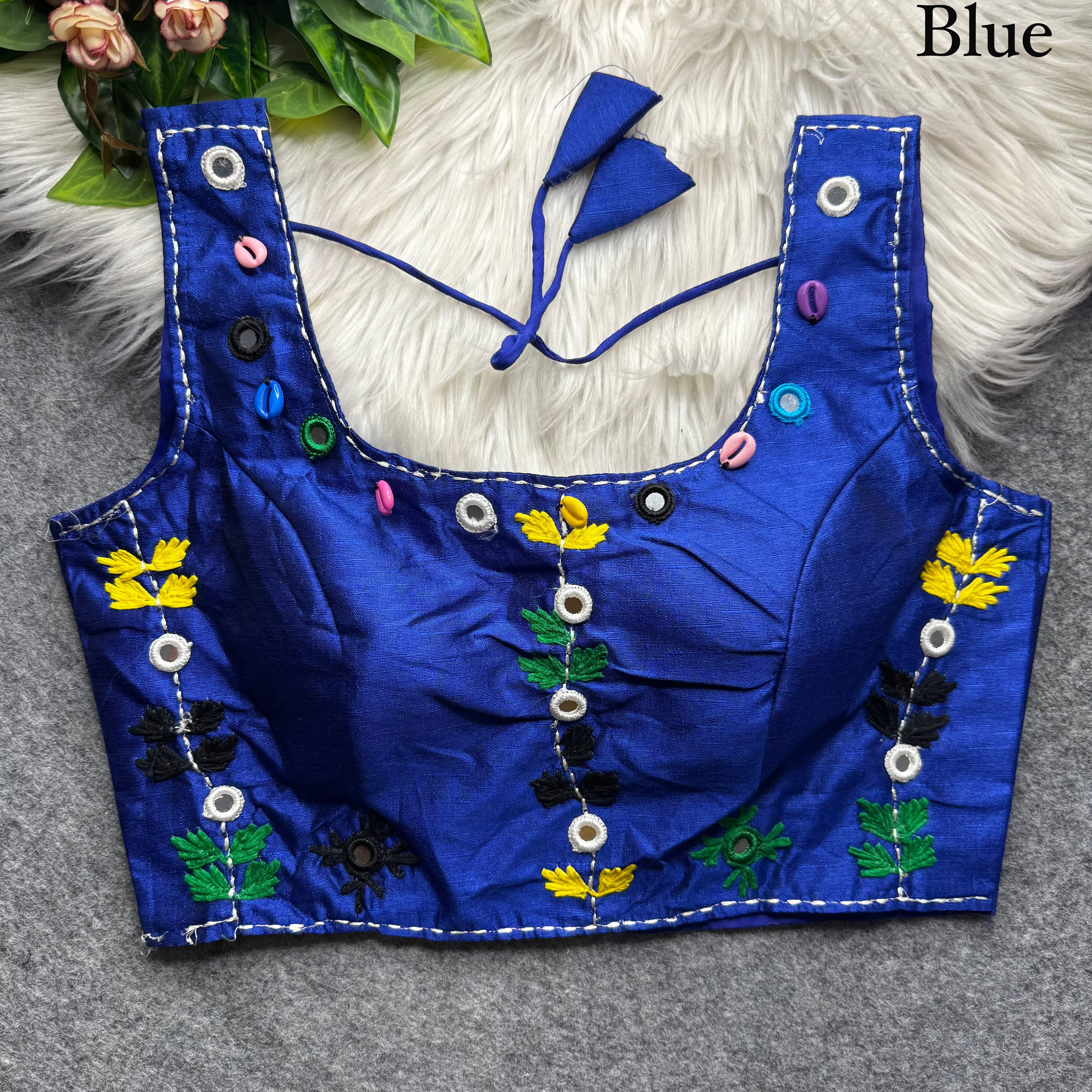 Blue Pure Soft Phantom Silk Multi Handwork Thread Kaudi Hand Mirror Work Navratri Blouse