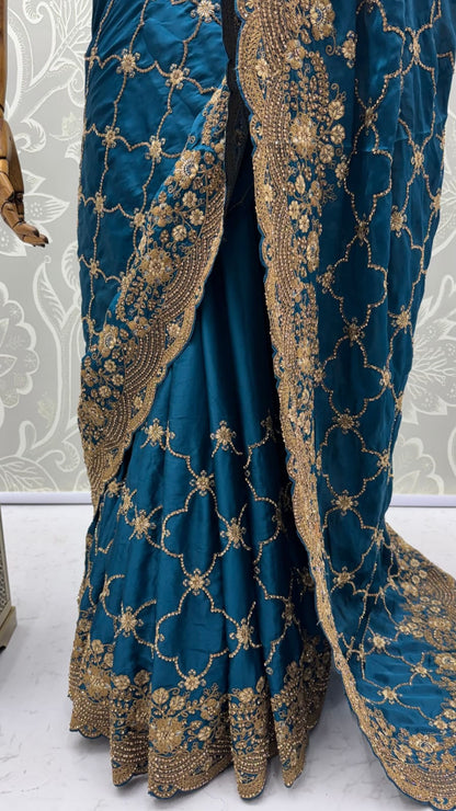Blue Pure Soft Satin Silk Metalic Dori Embroidery Zari Work Sequins Bridal Saree