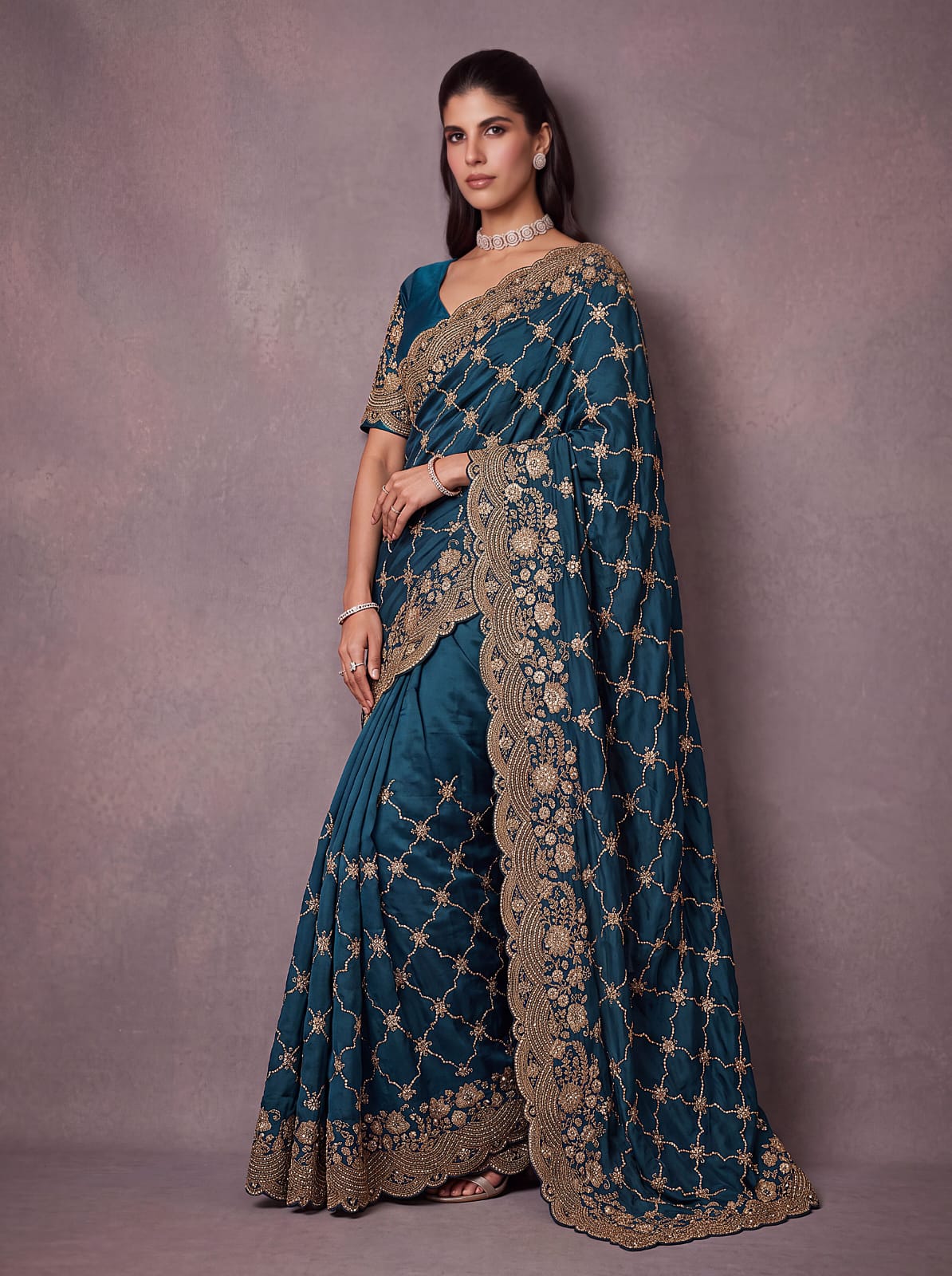 Blue Pure Soft Satin Silk Metalic Dori Embroidery Zari Work Sequins Bridal Saree