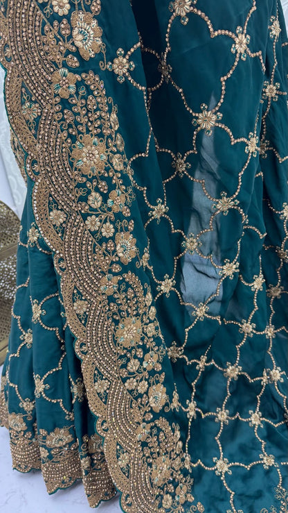 Blue Pure Soft Satin Silk Metalic Dori Embroidery Zari Work Sequins Bridal Saree