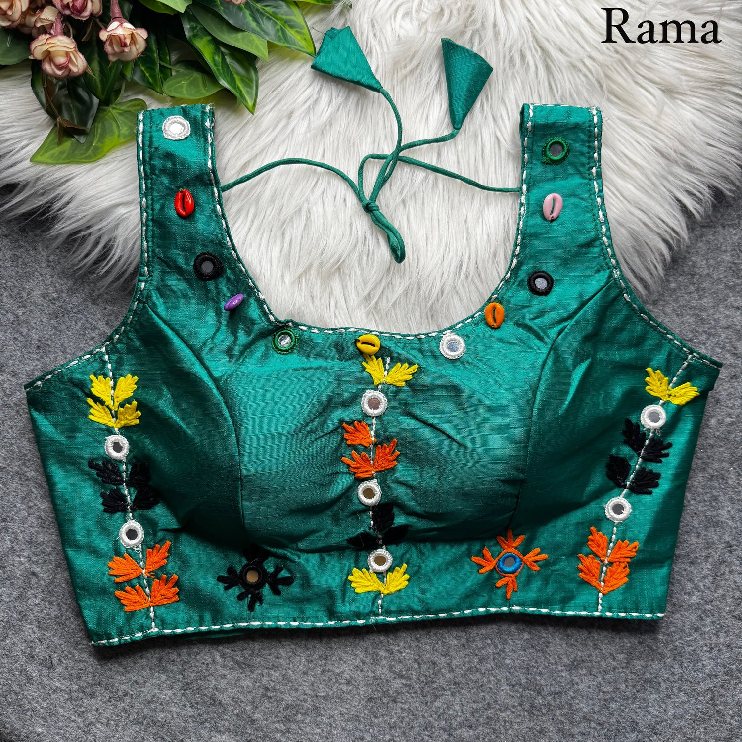 Rama Pure Soft Phantom Silk Multi Handwork Thread Kaudi Hand Mirror Work Navratri Blouse