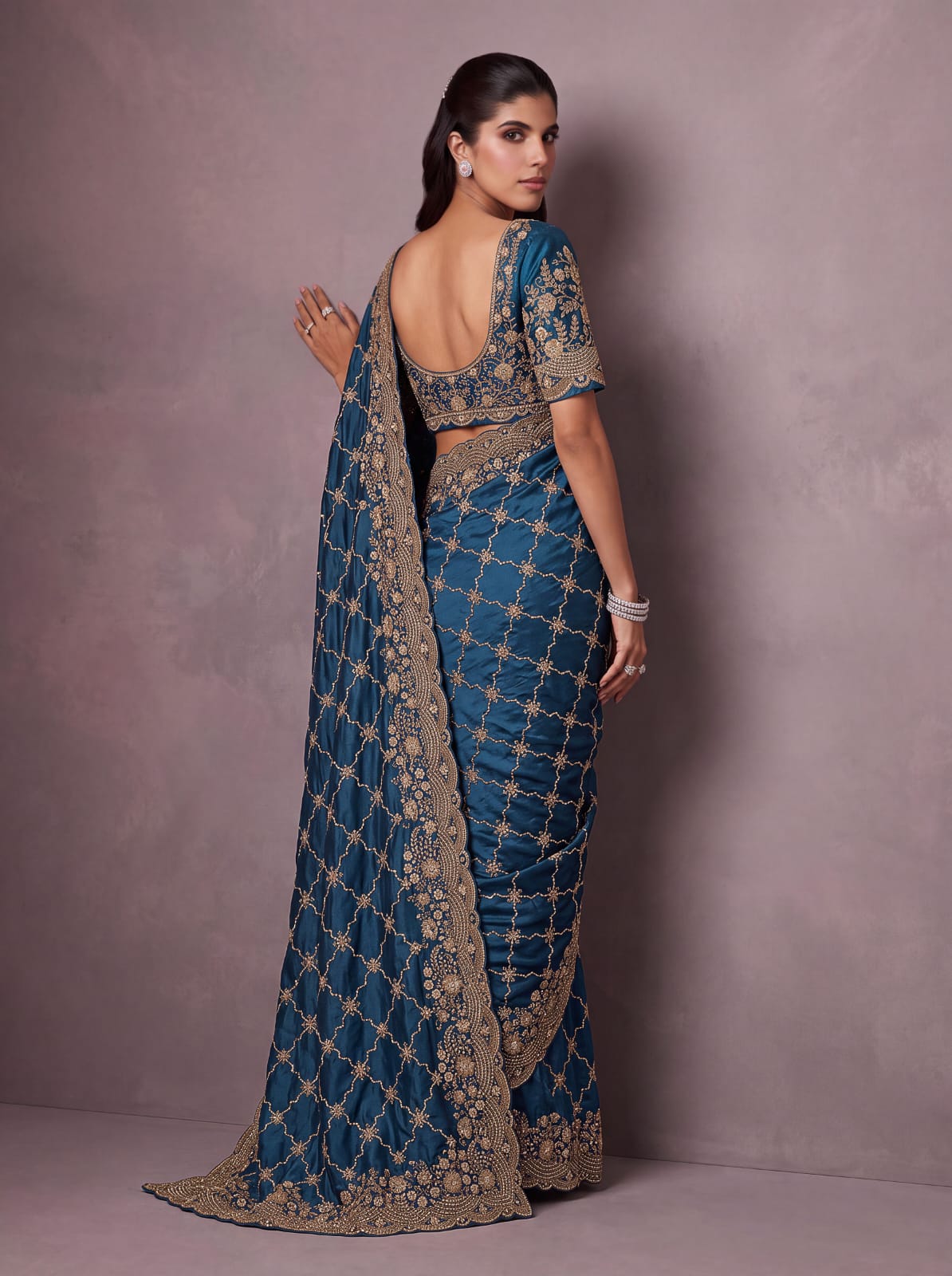 Blue Pure Soft Satin Silk Metalic Dori Embroidery Zari Work Sequins Bridal Saree