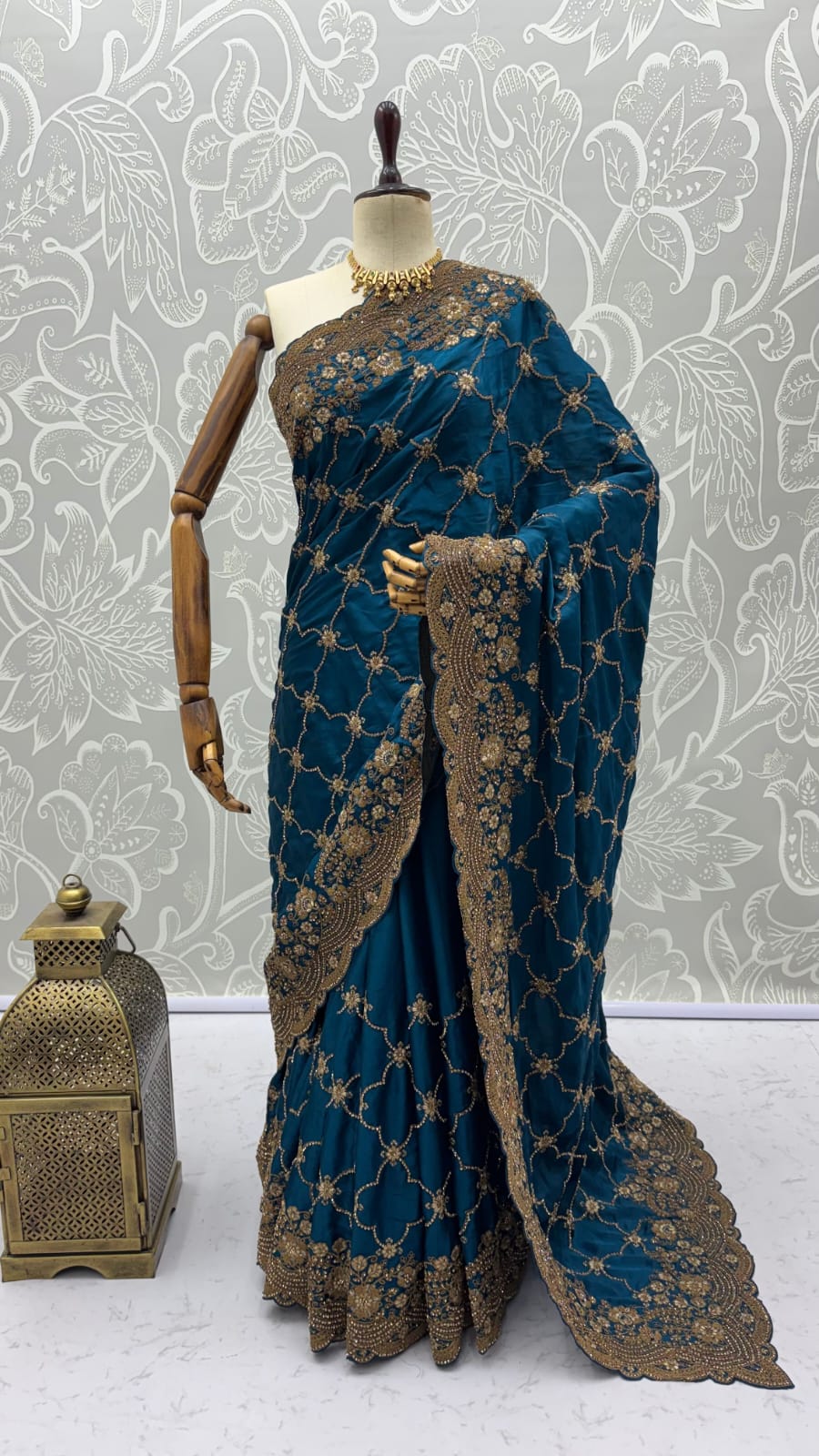 Blue Pure Soft Satin Silk Metalic Dori Embroidery Zari Work Sequins Bridal Saree