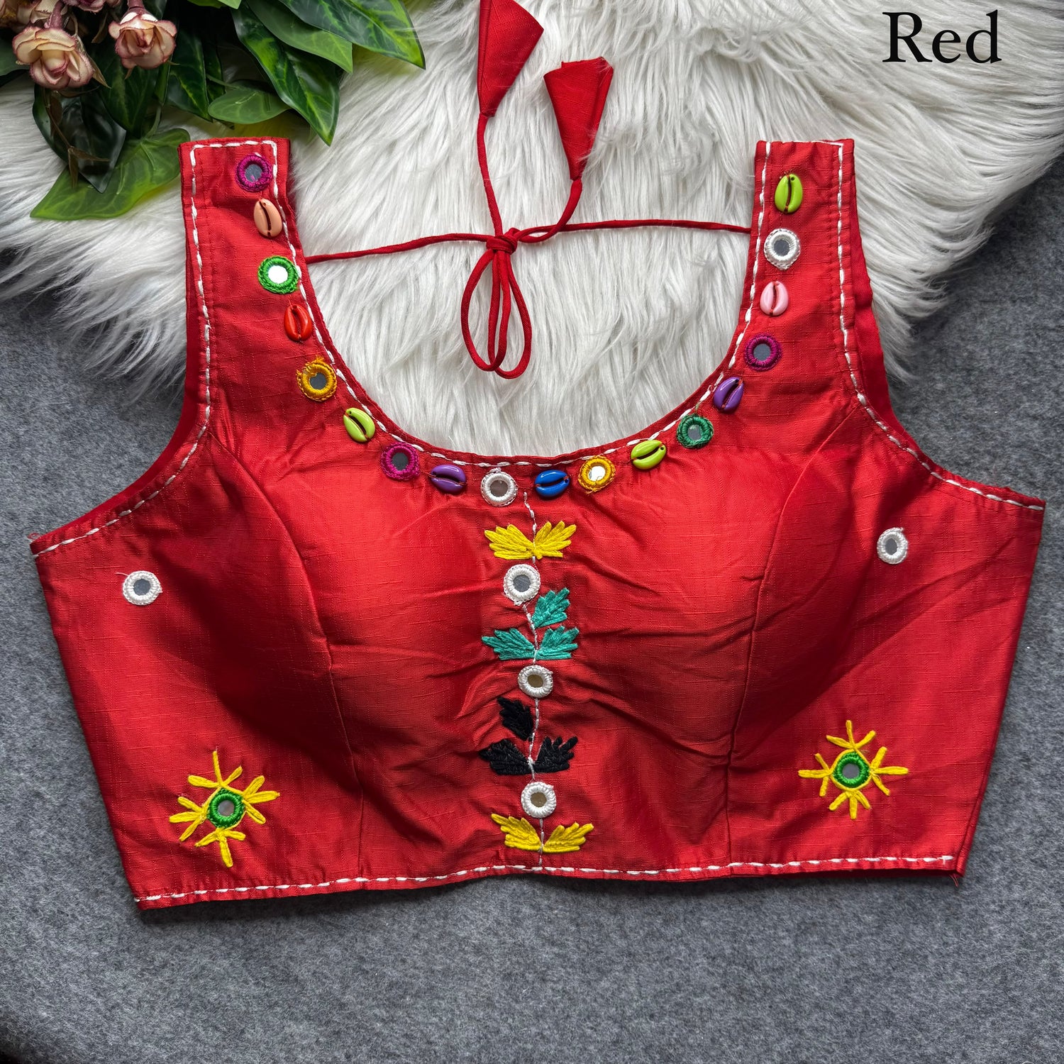 Red Pure Soft Phantom Silk Multi Handwork Thread Kaudi Hand Mirror Work Navratri Blouse