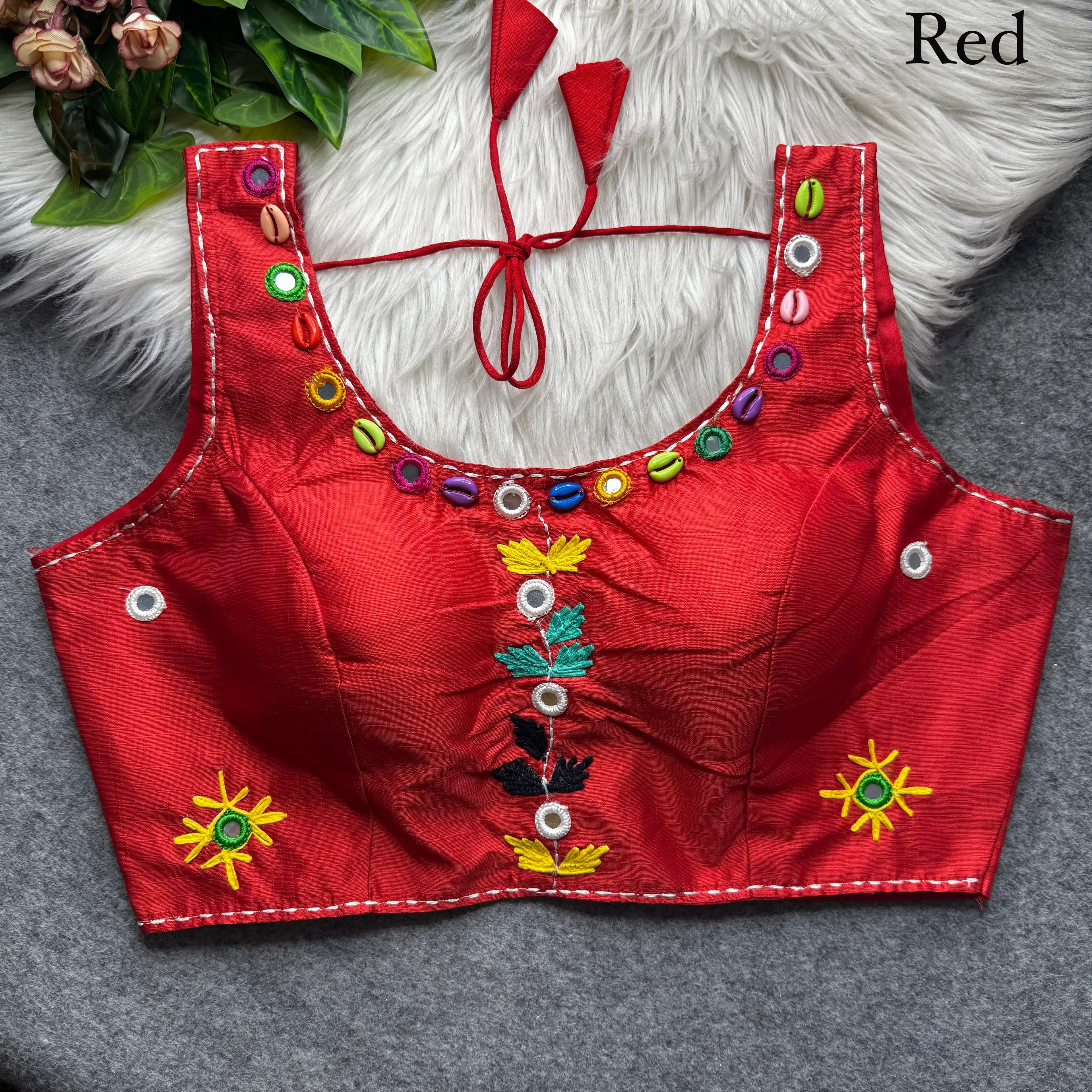 Red Pure Soft Phantom Silk Multi Handwork Thread Kaudi Hand Mirror Work Navratri Blouse