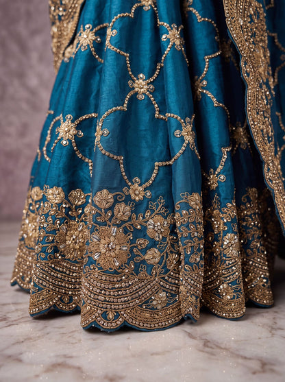 Blue Pure Soft Satin Silk Metalic Dori Embroidery Zari Work Sequins Bridal Saree