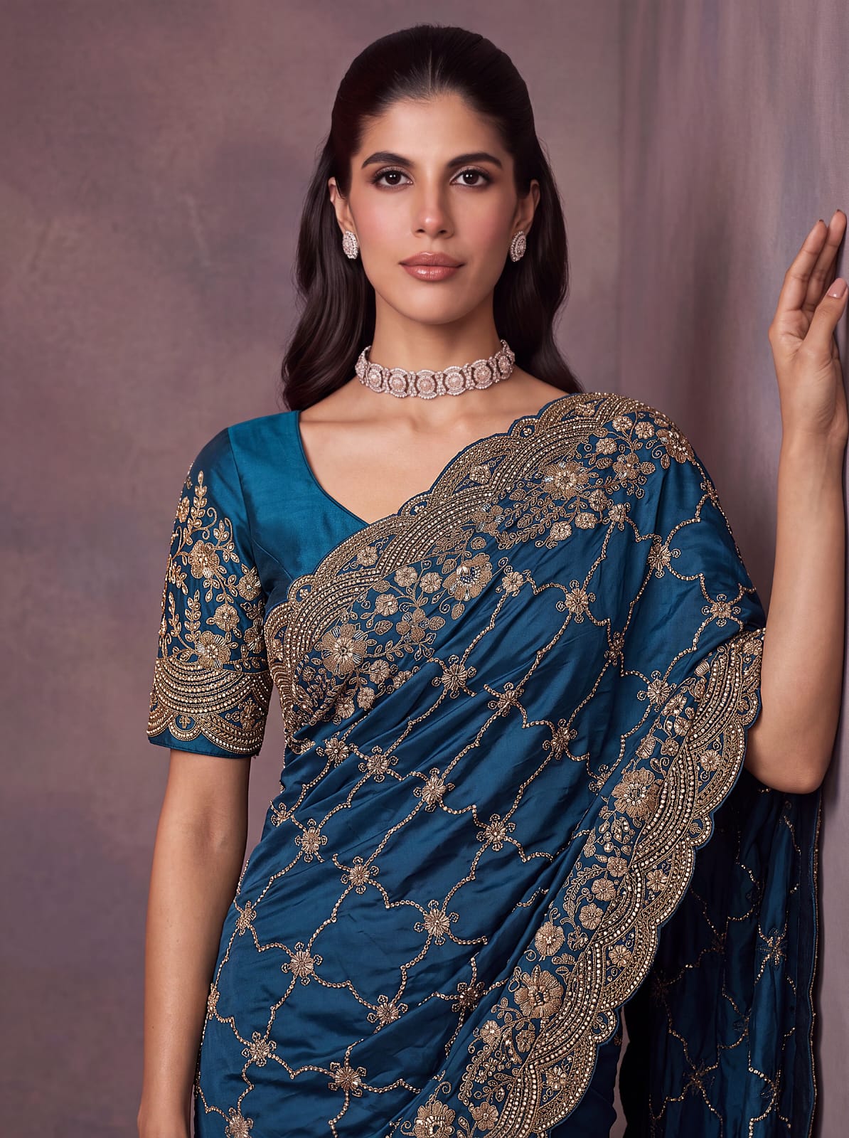 Blue Pure Soft Satin Silk Metalic Dori Embroidery Zari Work Sequins Bridal Saree