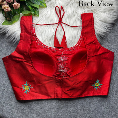 Red Pure Soft Phantom Silk Multi Handwork Thread Kaudi Hand Mirror Work Navratri Blouse