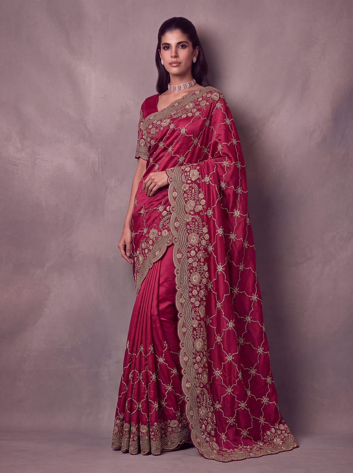 Red Pure Soft Satin Silk Metalic Dori Embroidery Zari Work Sequins Bridal Saree