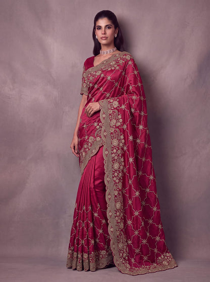 Red Pure Soft Satin Silk Metalic Dori Embroidery Zari Work Sequins Bridal Saree