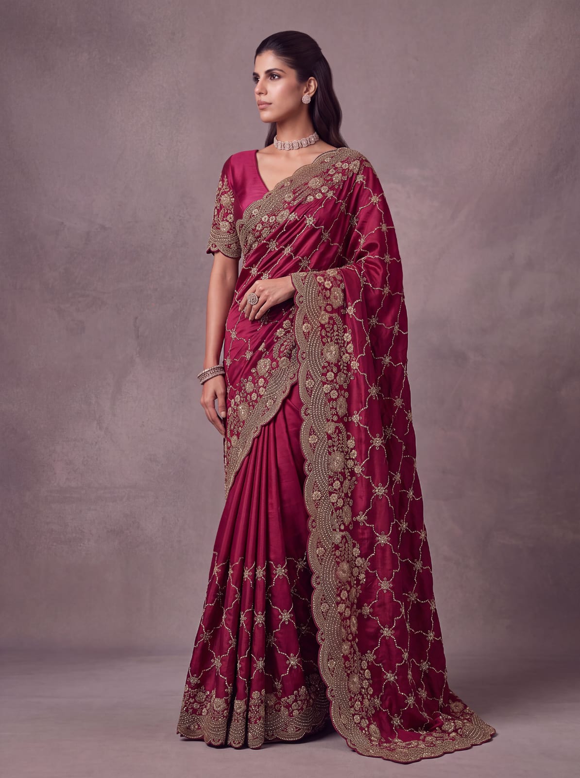 Red Pure Soft Satin Silk Metalic Dori Embroidery Zari Work Sequins Bridal Saree
