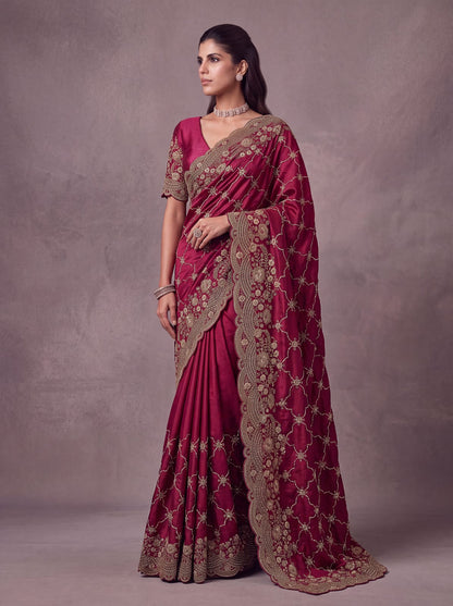 Red Pure Soft Satin Silk Metalic Dori Embroidery Zari Work Sequins Bridal Saree