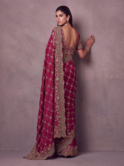 Red Pure Soft Satin Silk Metalic Dori Embroidery Zari Work Sequins Bridal Saree