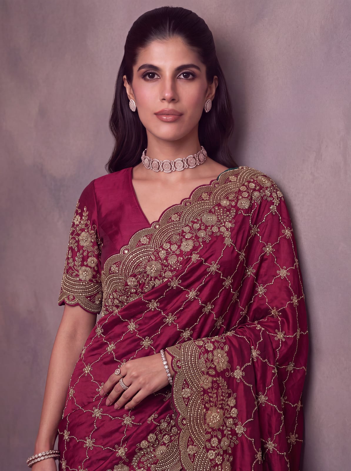 Red Pure Soft Satin Silk Metalic Dori Embroidery Zari Work Sequins Bridal Saree
