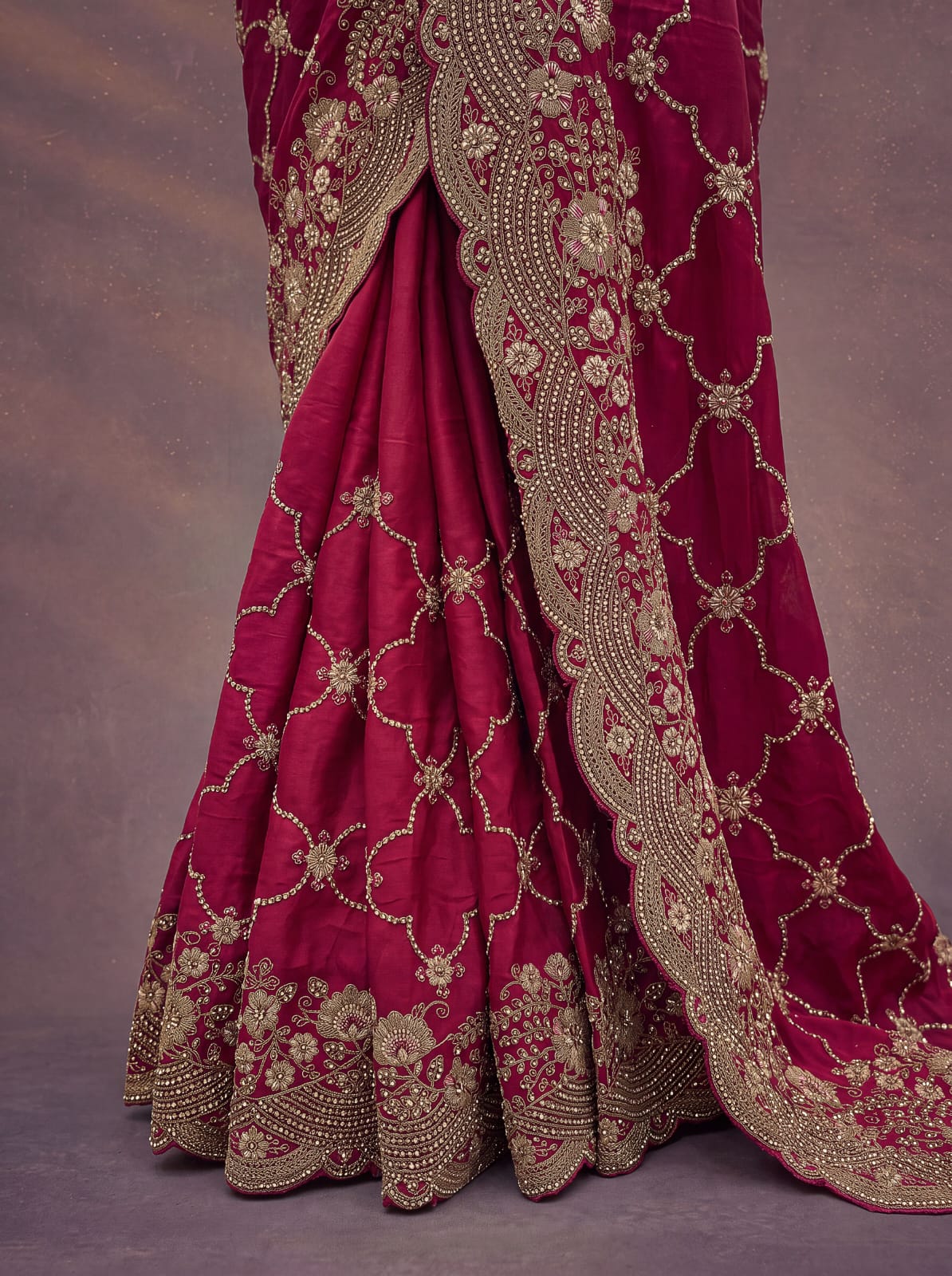Red Pure Soft Satin Silk Metalic Dori Embroidery Zari Work Sequins Bridal Saree