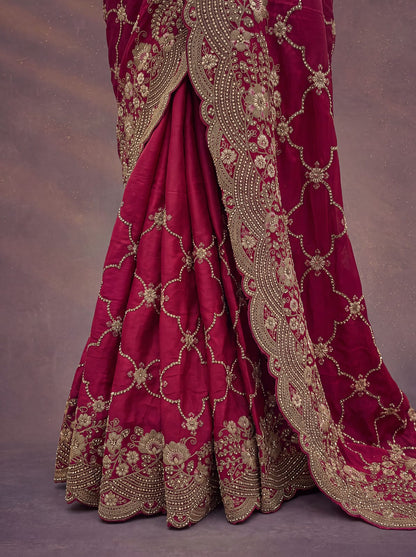 Red Pure Soft Satin Silk Metalic Dori Embroidery Zari Work Sequins Bridal Saree