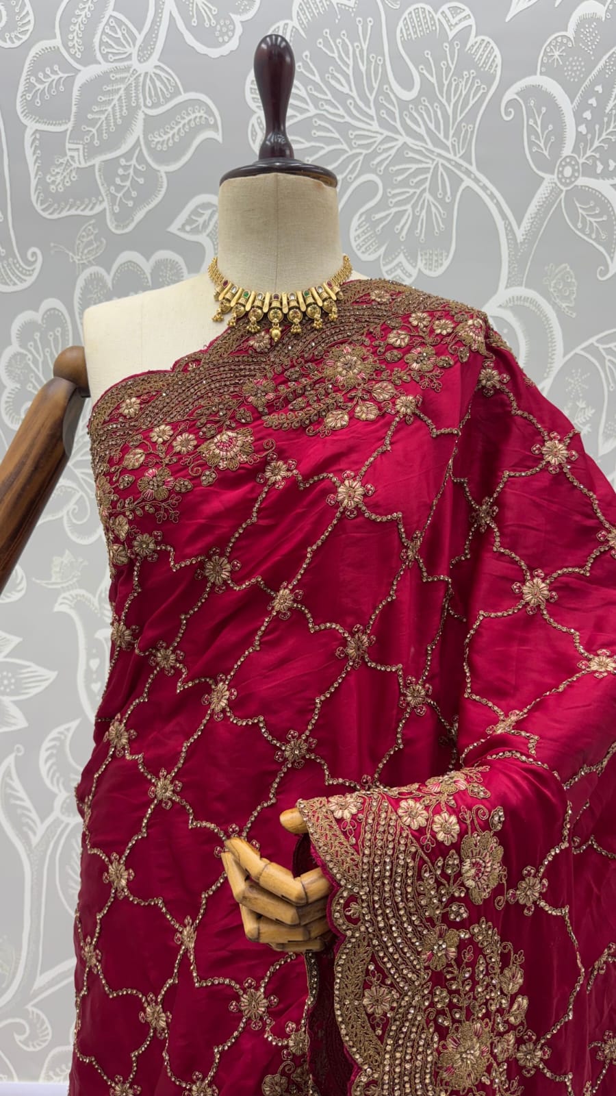 Red Pure Soft Satin Silk Metalic Dori Embroidery Zari Work Sequins Bridal Saree