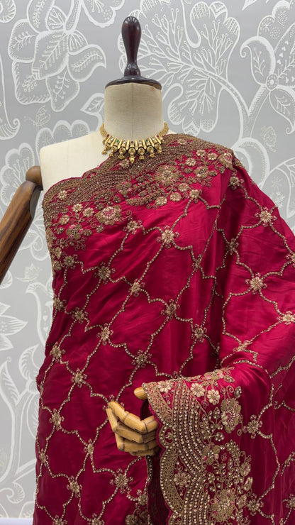 Red Pure Soft Satin Silk Metalic Dori Embroidery Zari Work Sequins Bridal Saree