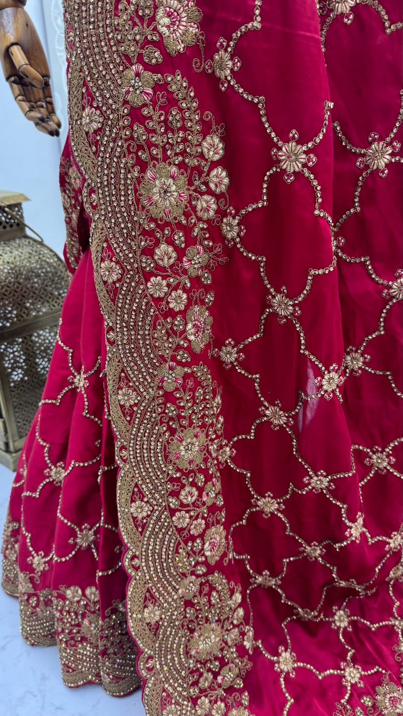 Red Pure Soft Satin Silk Metalic Dori Embroidery Zari Work Sequins Bridal Saree