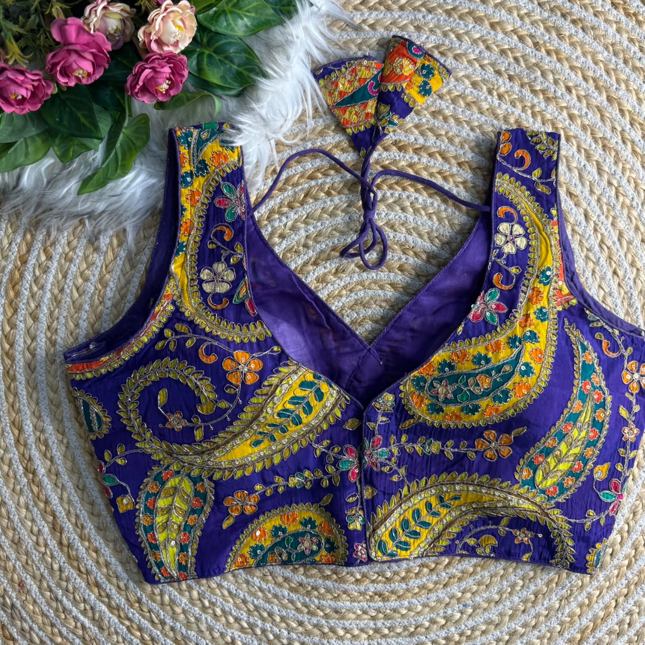 Blue Pure Soft Crape Silk Sabyasachi Neck Heavy Long Carry Work Navratri Blouse