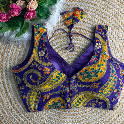 Blue Pure Soft Crape Silk Sabyasachi Neck Heavy Long Carry Work Navratri Blouse