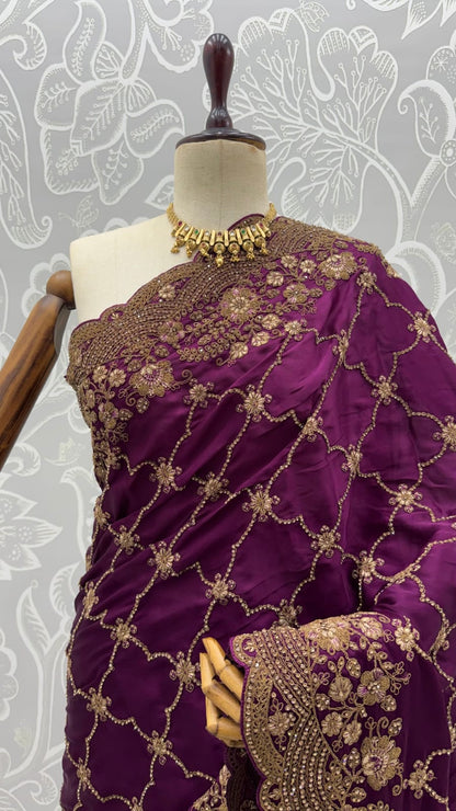 Purple Pure Soft Satin Silk Metalic Dori Embroidery Zari Work Sequins Bridal Saree