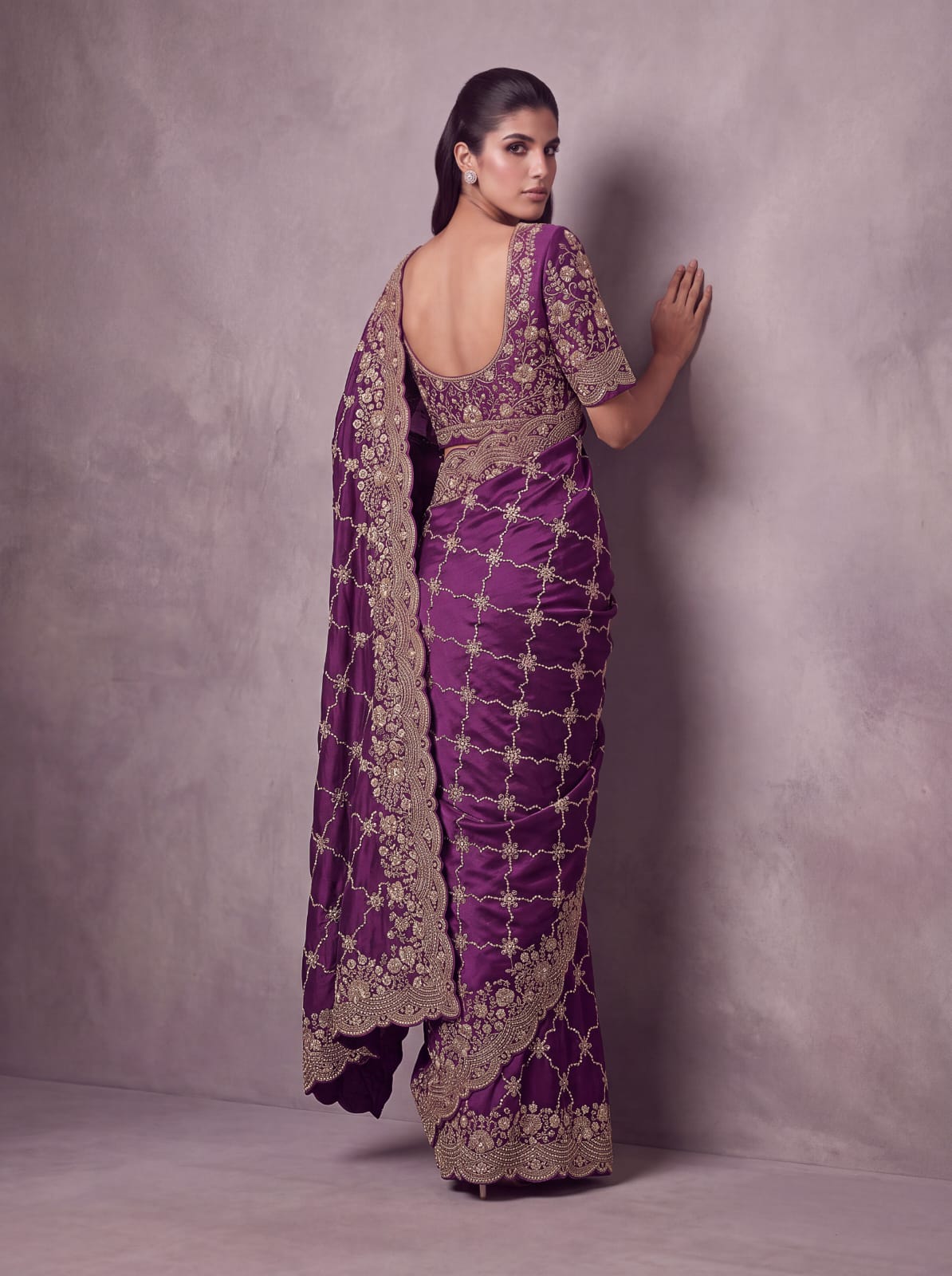 Purple Pure Soft Satin Silk Metalic Dori Embroidery Zari Work Sequins Bridal Saree