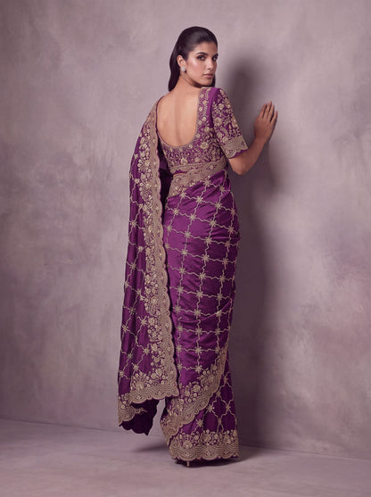 Purple Pure Soft Satin Silk Metalic Dori Embroidery Zari Work Sequins Bridal Saree