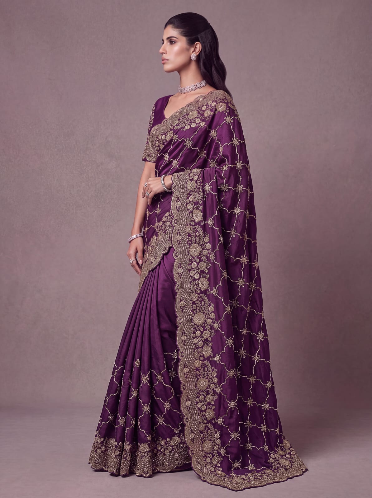 Purple Pure Soft Satin Silk Metalic Dori Embroidery Zari Work Sequins Bridal Saree