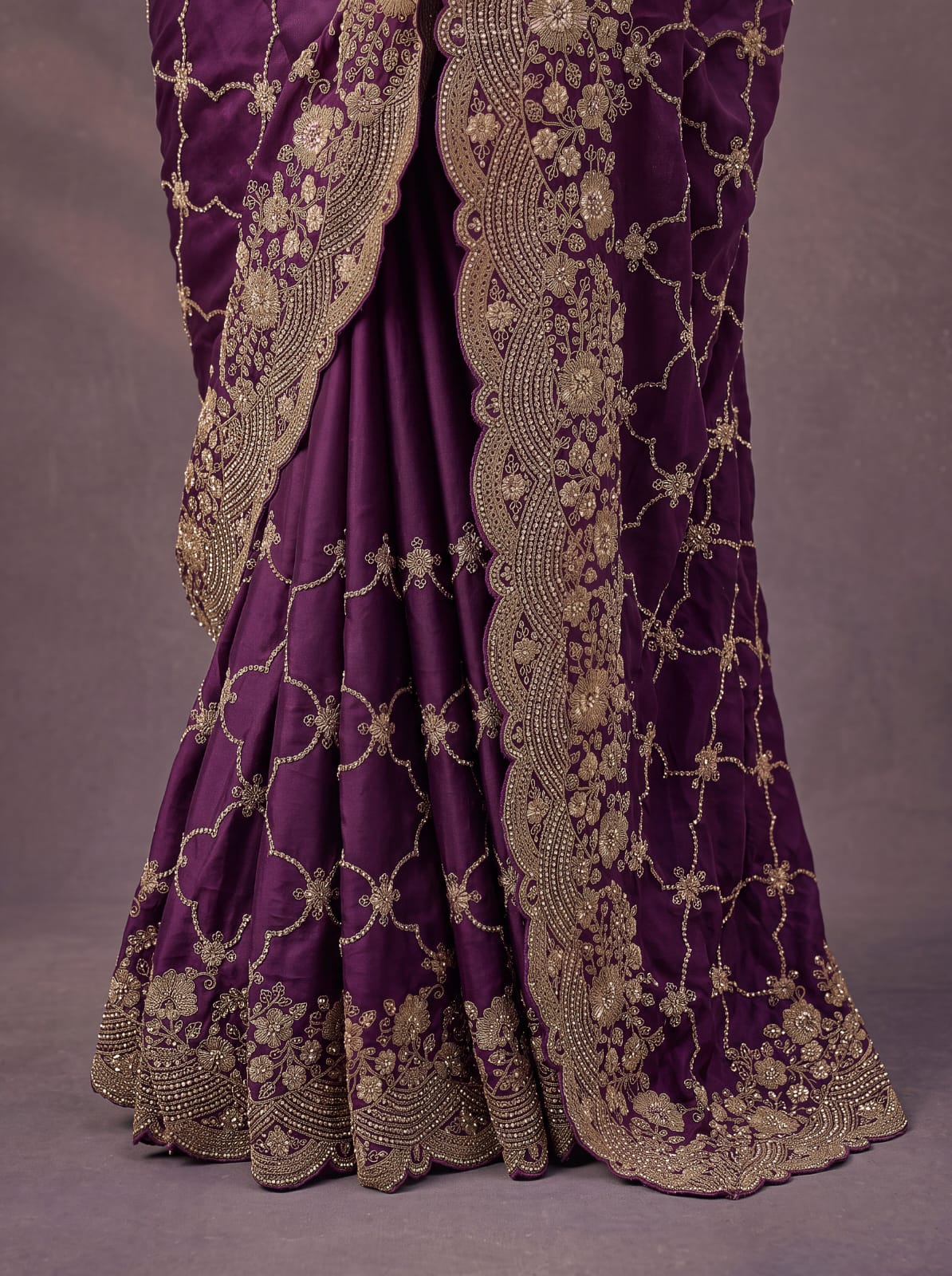Purple Pure Soft Satin Silk Metalic Dori Embroidery Zari Work Sequins Bridal Saree